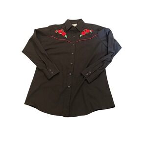 Country Charmers Black Western Shirt Red Rose Embroidery Pearl Snaps Size M